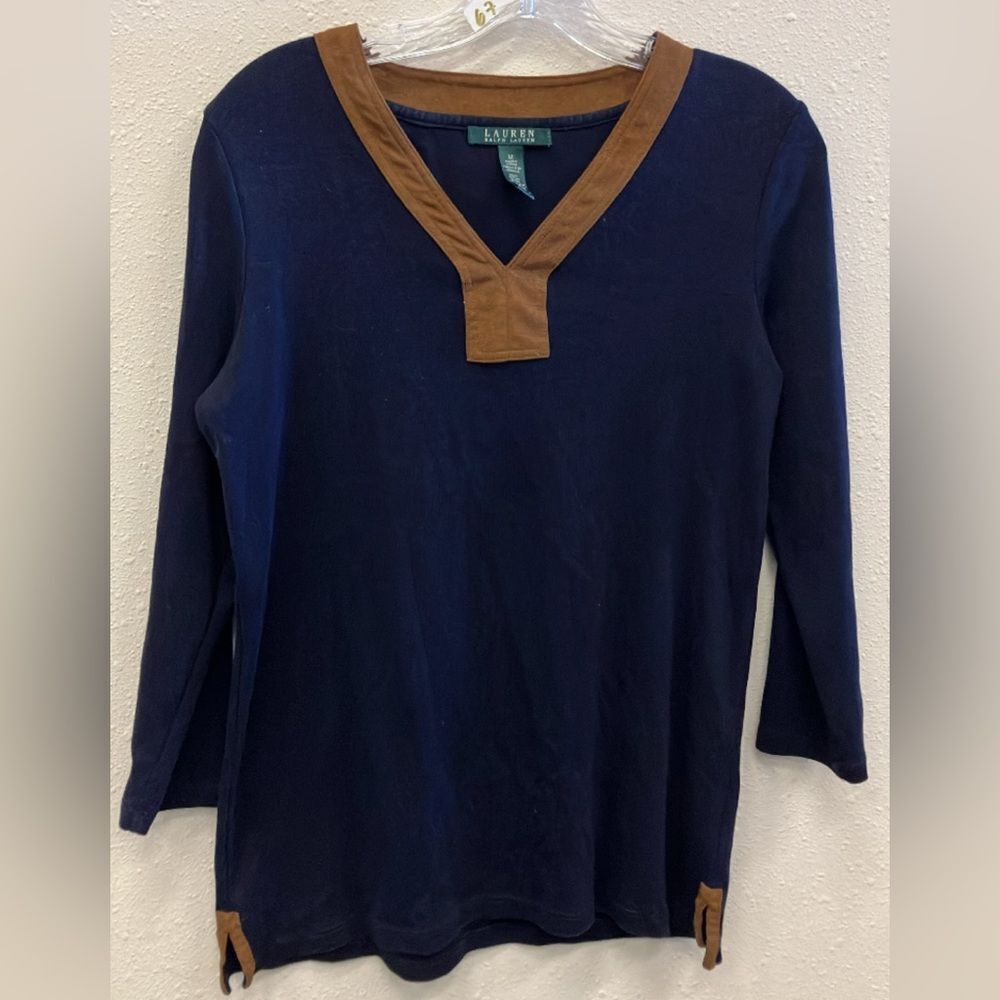 Lauren Ralph Lauren Navy and Brown Suede V-Neck Long Sleeve Top Medium #720